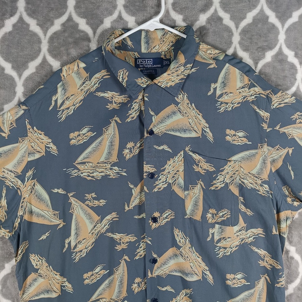 Polo Ralph Lauren Shirt Men XL Blue Gray Sailboat Caldwell Rayon Loop Button Up